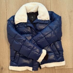 7 For All Mankind Navy Puffer Jacket with Shearling Trim